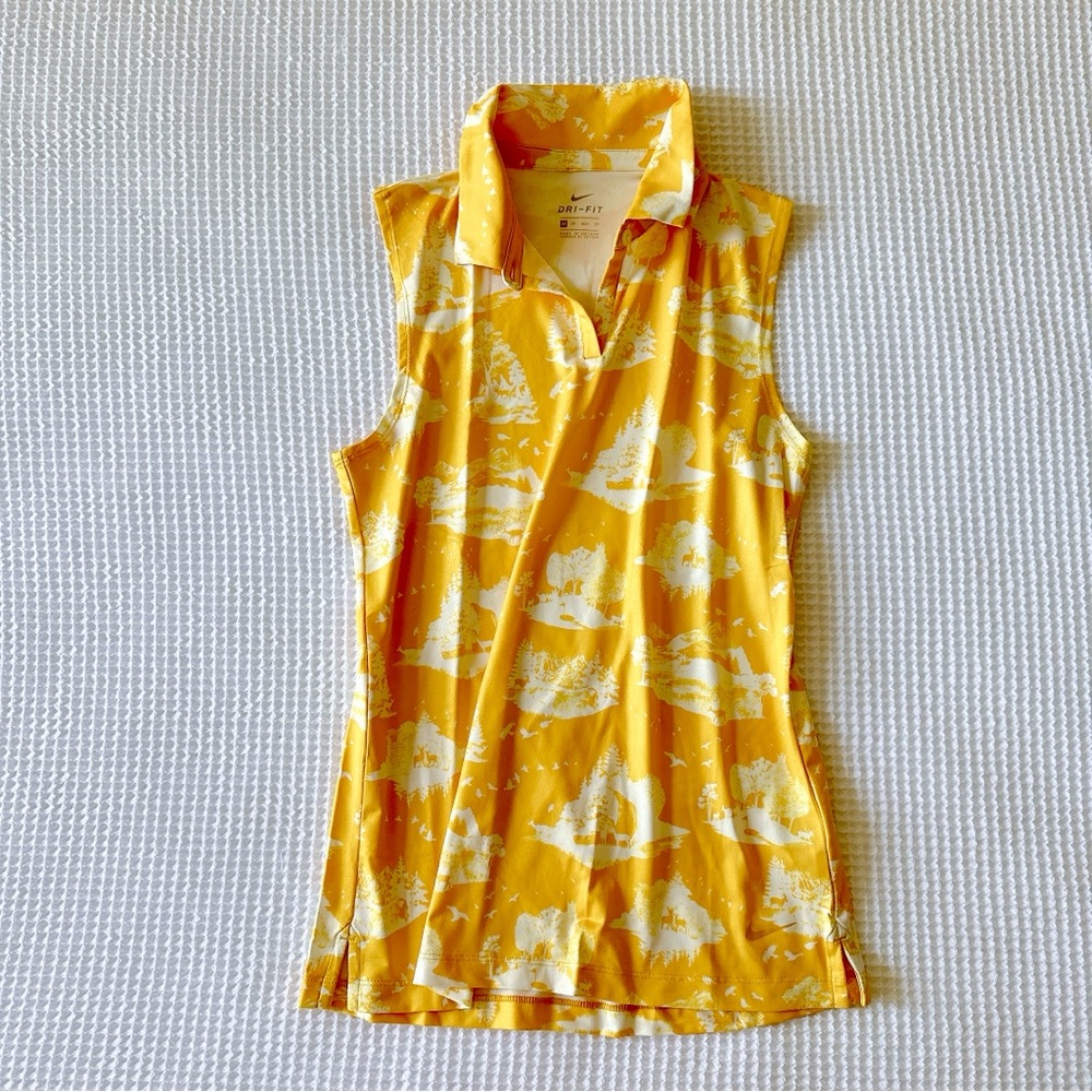 NEW♥️NIKE GOLF TENNIS SLEEVELESS POLO SHIRT TOP TEE TANK sz XS YELLOW PRINTED